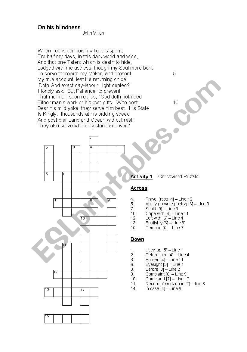 On His Blindness - John Milton [Crossword Puzzle]